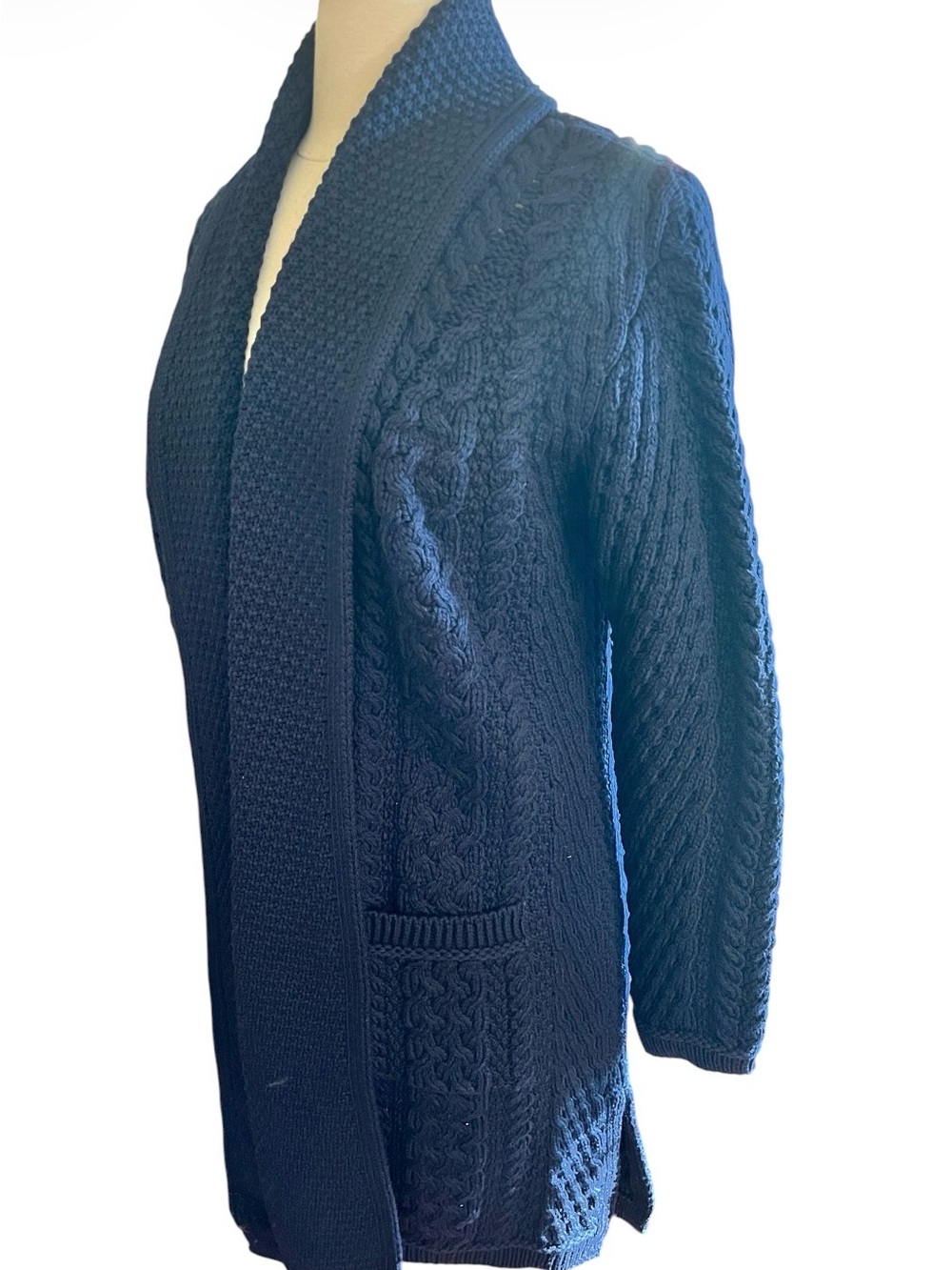 The Irish Store Navy Merino Wool Cable-Knit Open Front Cardigan Size Medium - Picture 5 of 8
